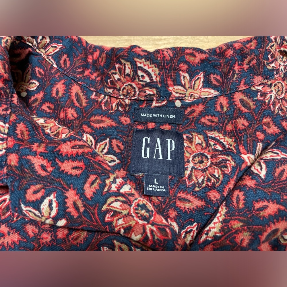 Gap Men’s Short Sleeve Button Down Burgundy/Navy Abstract Linen Shirt Size Large - Picture 3 of 10